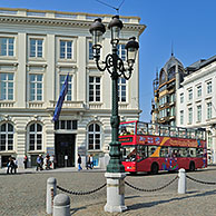 Double decker bus in front of the Musée Magritte Museum / MMM at the Place Royale / Royal Square / Koningsplein in Brussels, Belgium