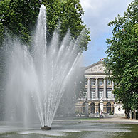 Fountain at the Parc de Bruxelles / Warandepark and the Belgian parliament, Brussels, Belgium