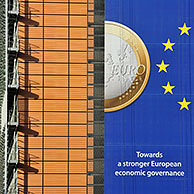 Banner about the euro hanging from the Berlaymont building of the European Commission, executive body of the European Union, Brussels, Belgium