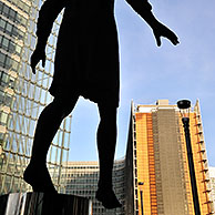 The sculpture Stepping Forward in front of the new headquarters of the European Council of Ministers in Brussels, Belgium