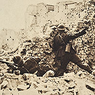 Belgian soldiers in ruined house throwing hand grenades towards German enemies in Flanders during the First World War, Belgium
