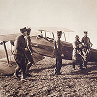 Pilot and the Belgian king Albert I in front of biplane during the First World War in Flanders, Belgium 