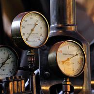 Pressure gauges from steam engine at the Bois du Cazier coal mine museum, Marcinelle, Charleroi, Belgium