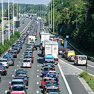 Cars in traffic jam on motorway during the summer holidays, Belgium
