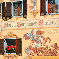 Hotel decorated with frescoes at Castelrotto / Kastelruth in the Dolomites, Italy