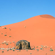 Hut in front of red sand dune in the Kalahari desert, Kgalagadi Transfrontier Park, South Africa